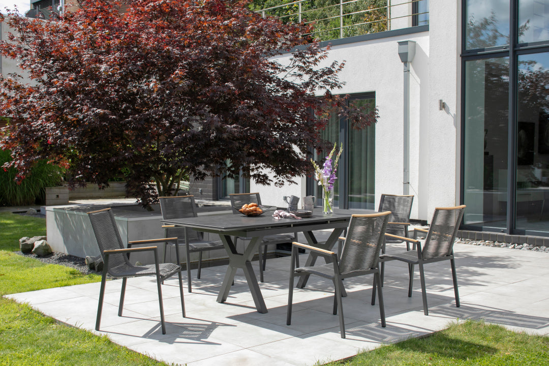 SET / Hammond Ausziehtisch 160/210 x 90 cm + Montana Diningstapelsessel Rope mit Teakarmlehne