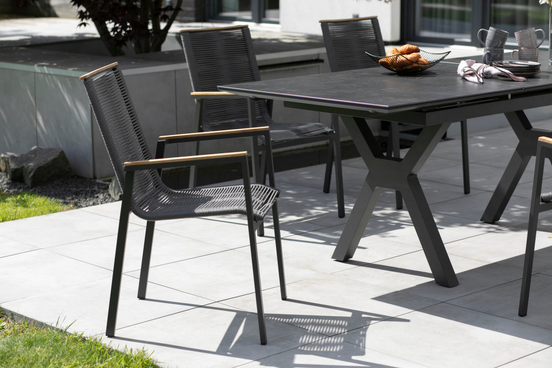 SET / Hammond Ausziehtisch 160/210 x 90 cm + Montana Diningstapelsessel Rope mit Teakarmlehne