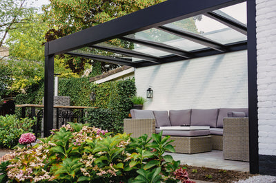 Cube - Terrassendach als Wandmontage auf 2 Stützen (inkl. Glaseindeckung in KLAR)