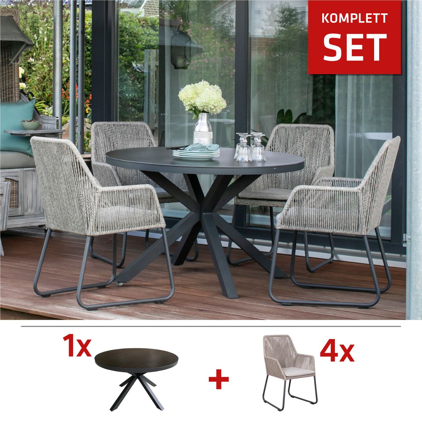 SET / Livingston Tisch dark rund + Adora Diningsessel PE twisted white coral