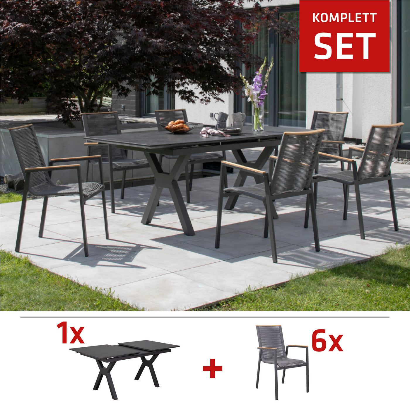 SET / Hammond Ausziehtisch 160/210 x 90 cm + Montana Diningstapelsessel Rope mit Teakarmlehne