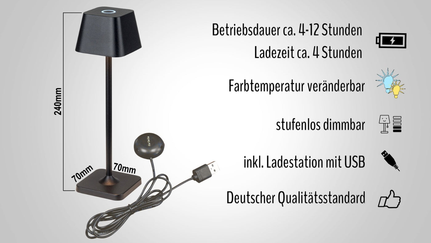Dimmbare Akku-Tischlampe in verschiedenen Farben mit Farbwechselfunktion, inkl. Ladebasis TL2 ES
