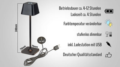 Dimmbare Akku-Tischlampe in verschiedenen Farben mit Farbwechselfunktion, inkl. Ladebasis TL2 ES