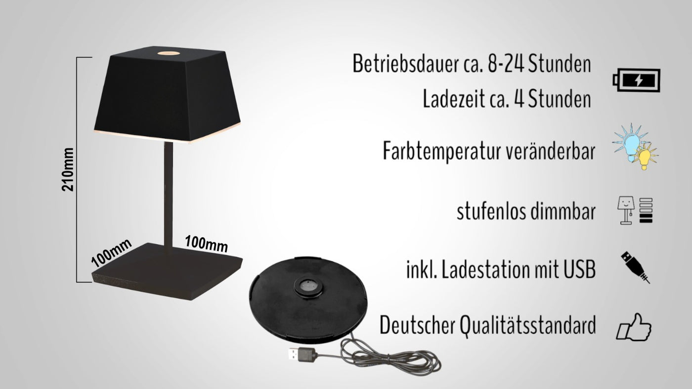 Dimmbare Akku-Tischlampe mit Acrylkranz, in schwarz mit Farbwechselfunktion, inkl. Ladebasis TL3ES
