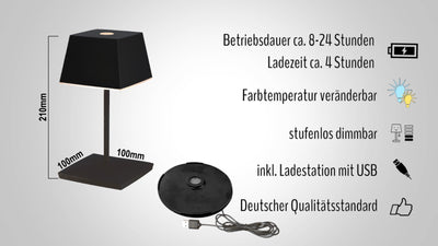 Dimmbare Akku-Tischlampe mit Acrylkranz, in schwarz mit Farbwechselfunktion, inkl. Ladebasis TL3ES