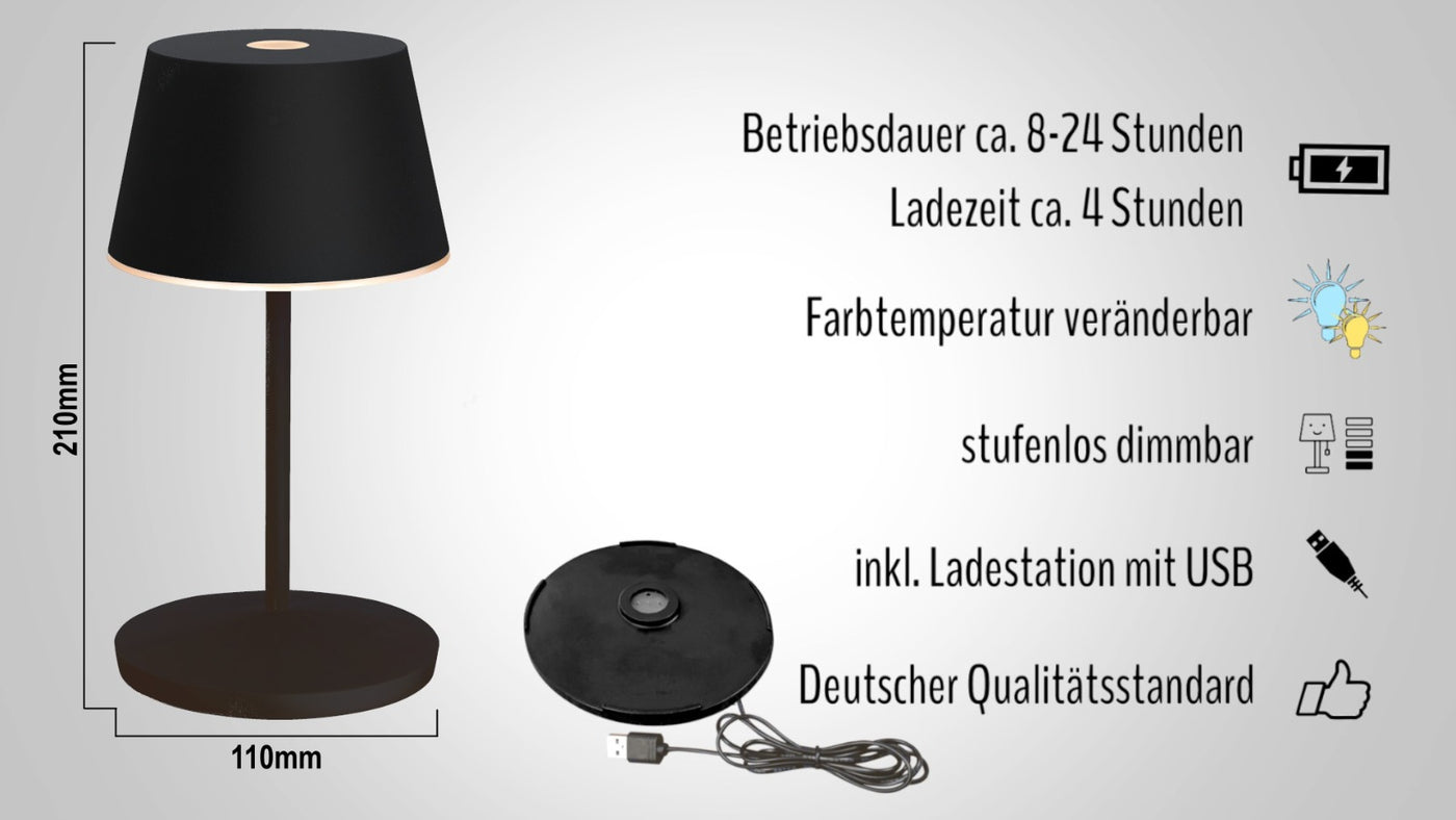 Dimmbare Akku-Tischlampe mit Acrylkranz, in schwarz mit Farbwechselfunktion, inkl. Ladebasis TL3RS